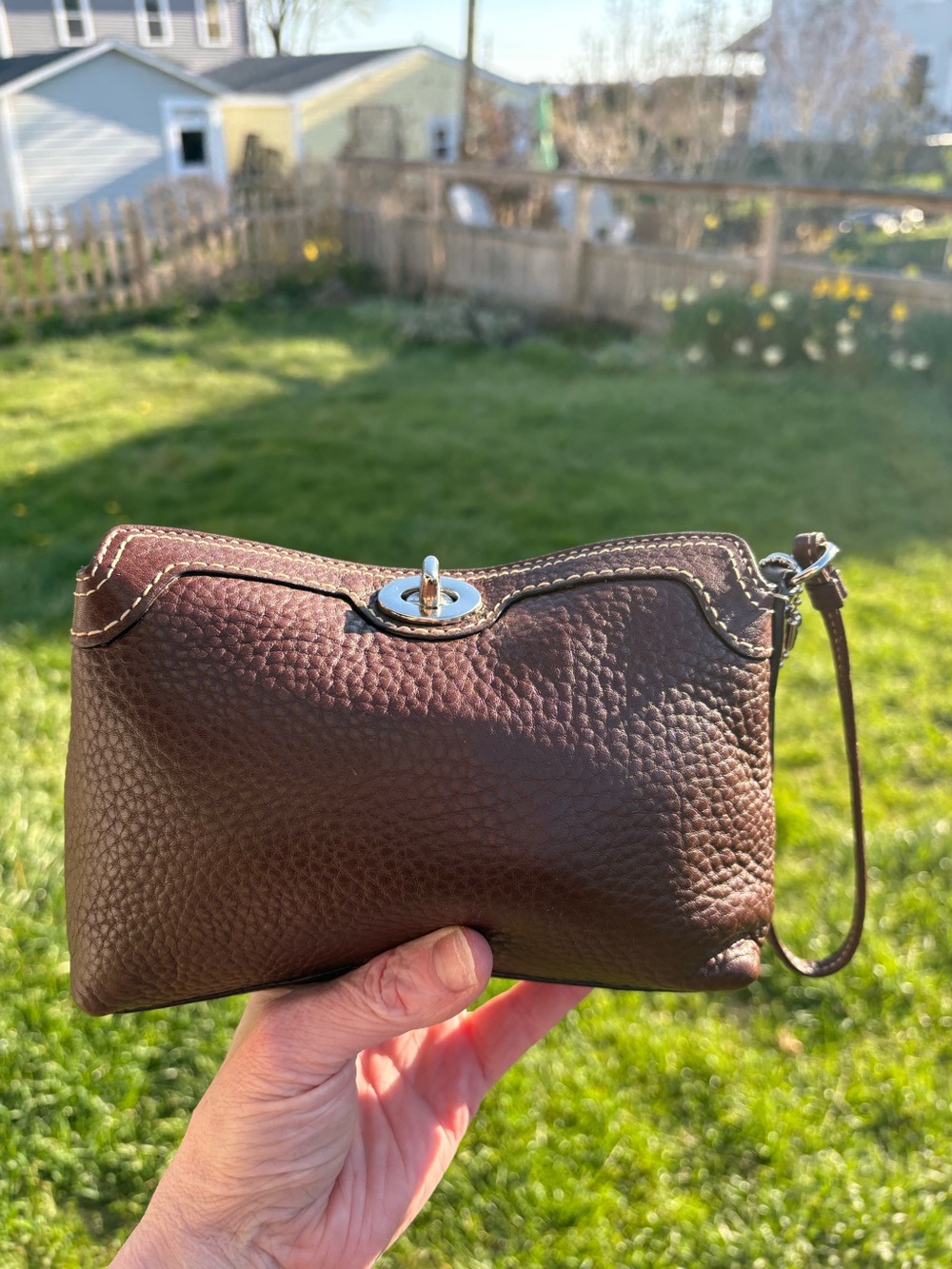 Coach Legacy Pebbled  Leather Turn Lock Pouch Purse Wristlet. Brown/Pink.
